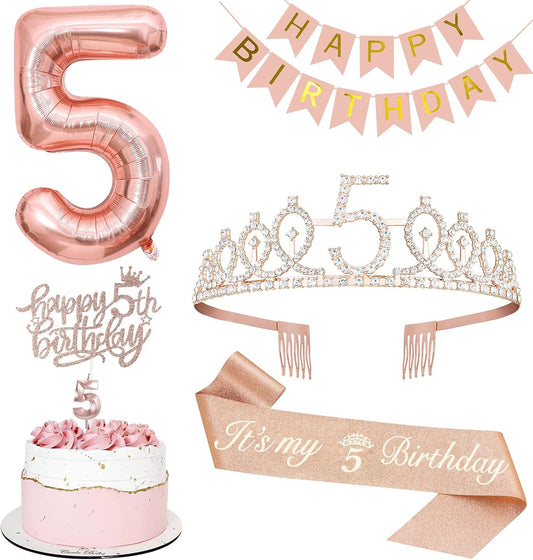 5th Birthday Decorations for Girls, Including 5th Tiara and Sash, Happy Birthday Banner, Cake Toppers, Number Candles and Balloons Set, Rose Gold
