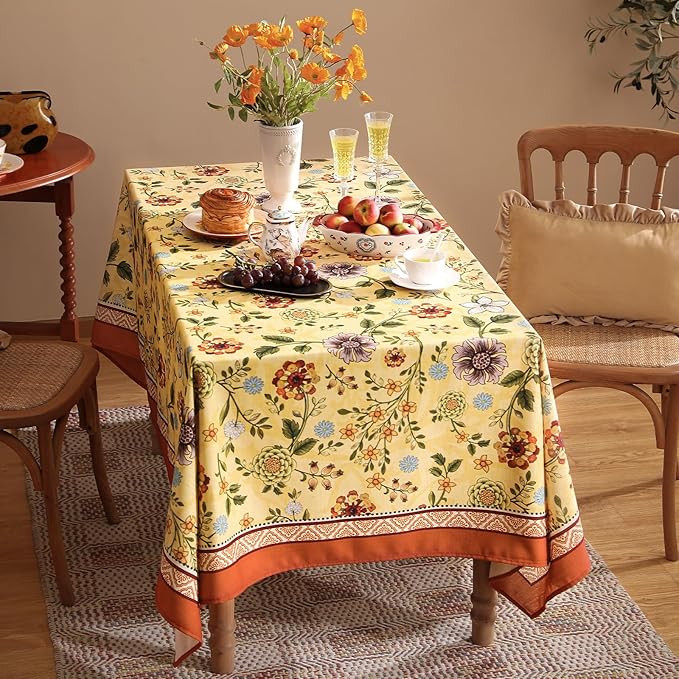 Vintage Linen Tablecloth for Rectangle Table,Yellow Floral French Wrinkle Free Long Tablecloths,Decorative Table Cover for Kitchen,Dining,Thanksgiving,Farmhouse,63" × 102"-Bellano