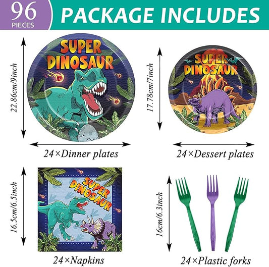 96 Pcs Super Dinosaur Plates and Napkins for Dinosaur Birthday Party Supplies Dino Movie Theme Paper Dessert Plates and Napkins Jungle Dino Tableware Set for Kids Boys 24 Guests Party Decorations