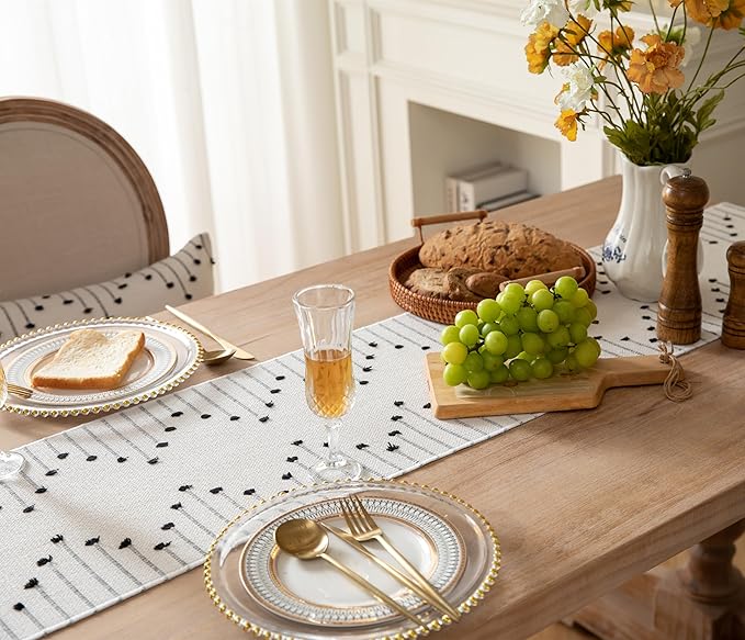 Boho Table Runner 13 x 60 Inch Long Natural Cotton Woven Runner with Tassels for Home Dining Table décor, for Modern Farmhouse Decor Coffee Table Runner, Black and Beige