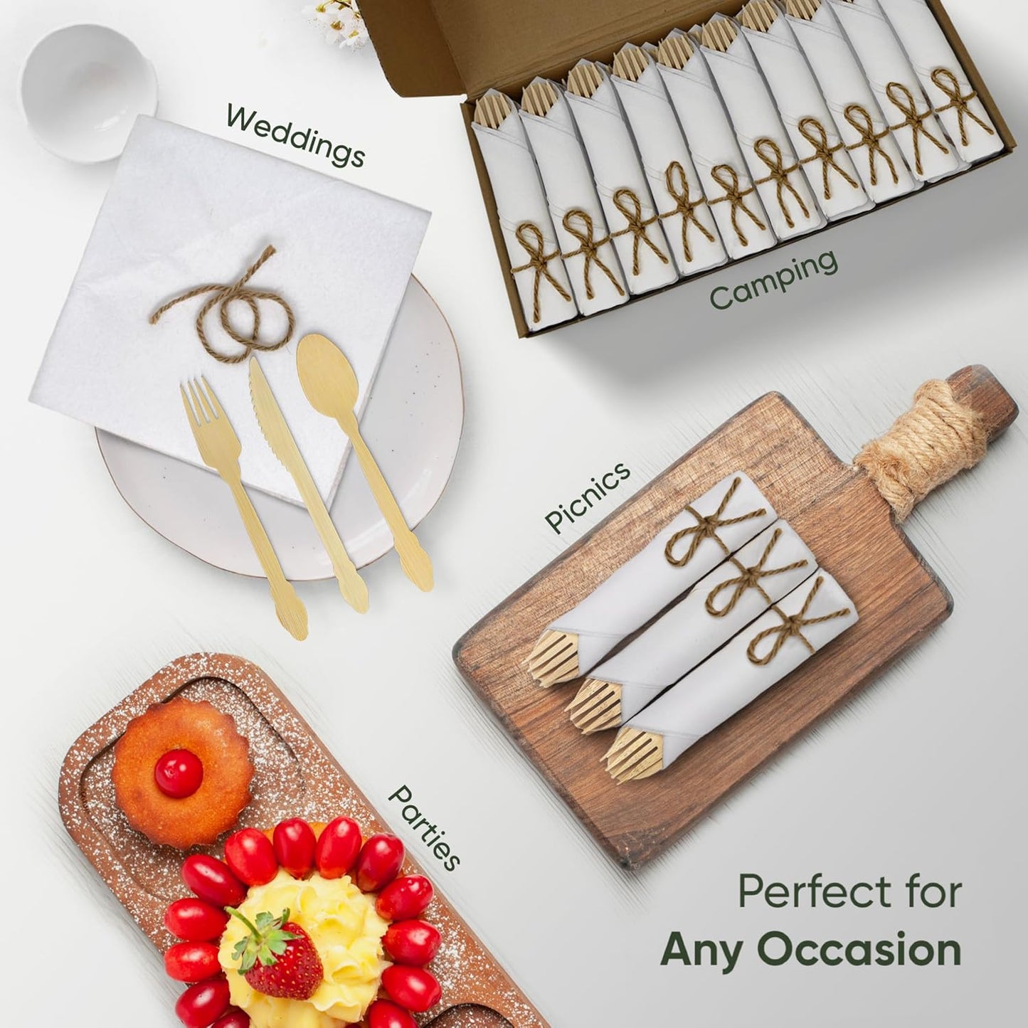 Luxury Pre-Rolled Napkin and Bamboo Cutlery Set (30 Pack, 120 PCS) 100% Biodegradable, Eco-Friendly, Disposable Wrapped Cutlery - Includes Pre-Wrapped Bamboo Forks, Knives, Spoons, & Napkins