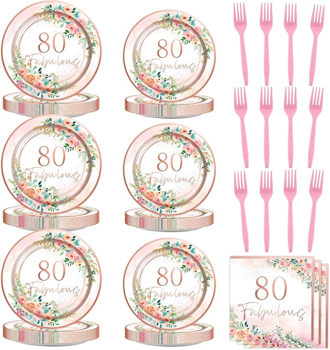 OBUSATT 96Pcs Floral 80 Fabulous Party Supplies 80th Birthday Paper Plates Napkins Rose Gold Party Decorations 80 Years Dinnerware Party Favor Women 80th Tableware Serves 24