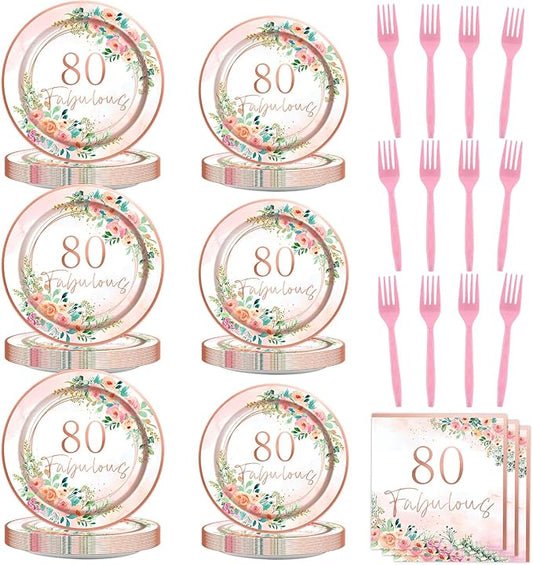 OBUSATT 96Pcs Floral 80 Fabulous Party Supplies 80th Birthday Paper Plates Napkins Rose Gold Party Decorations 80 Years Dinnerware Party Favor Women 80th Tableware Serves 24