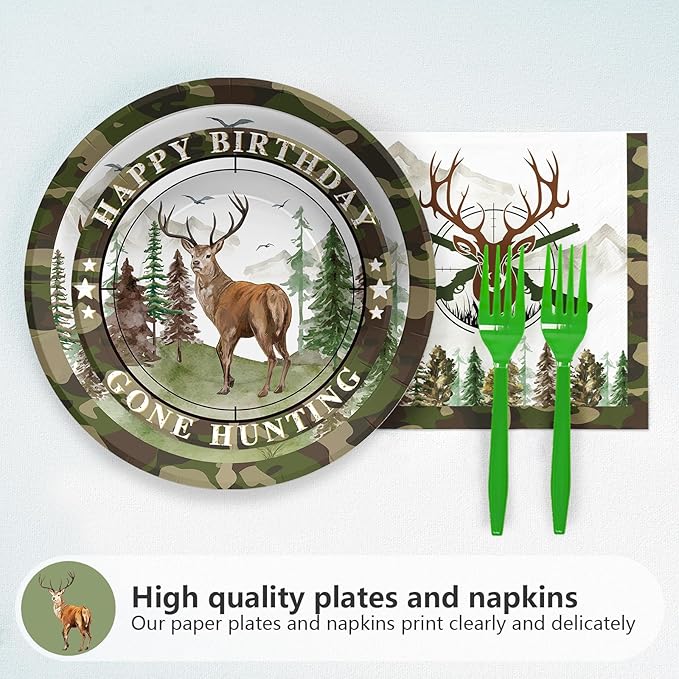 96Pcs Hunting Camo Birthday Party Decorations Hunting Camo Party Plates Disposable The Big One Paper Tableware Set for Gone Hunting Themed 1st Birthday Party Supplies, Serves 24