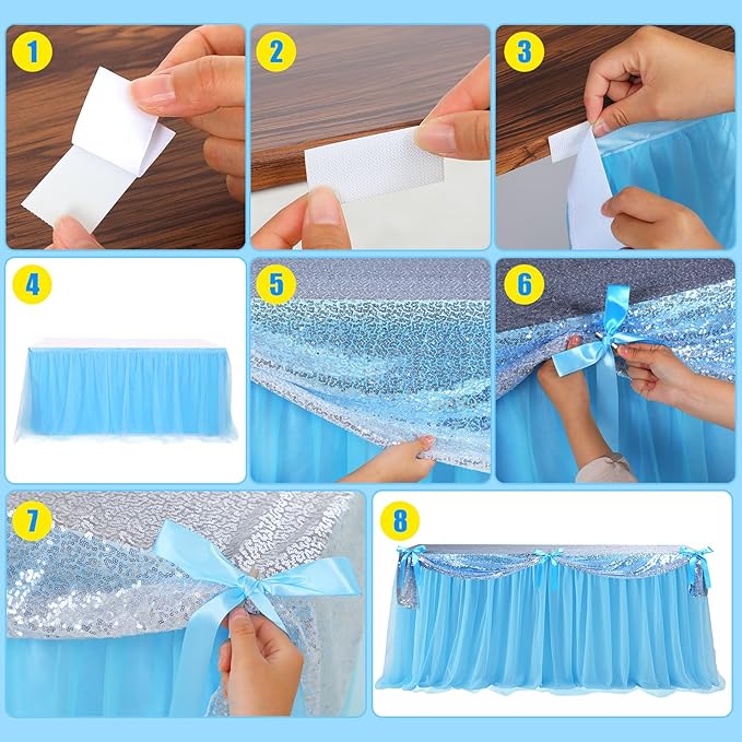5 Pcs Princess Gray Party Tablecloth Blue and Silver Sequin Tulle Table Skirt 30 x 108 Inch Gray Princess Tables Cover for Birthday Party Decor Supplies(Bow, Silver)
