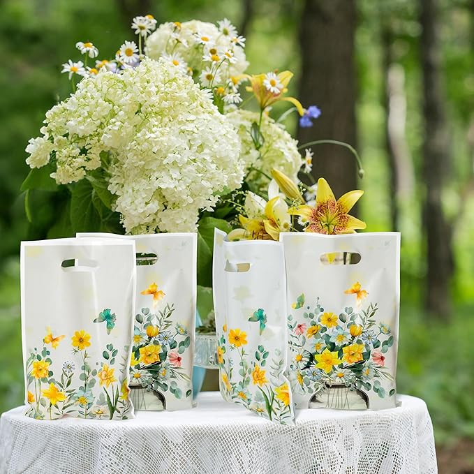 Bright Wildflower Party Favor Bags - 50Pcs Plastic Bright Wild Flowers Candy Treat Gift Bag with Handles Butterfly Snack Goodie Gift Sacks Wedding Birthday Party Supplies Baby Shower Decor