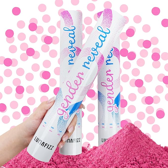 Gender Reveal Confetti Cannon - Biodegradable Powder & Confetti Poppers - Pink, 2Pack - Baby Girl Gender Reveal Smoke Bombs - Powder Cannon Party Poppers Pink Party Supplies