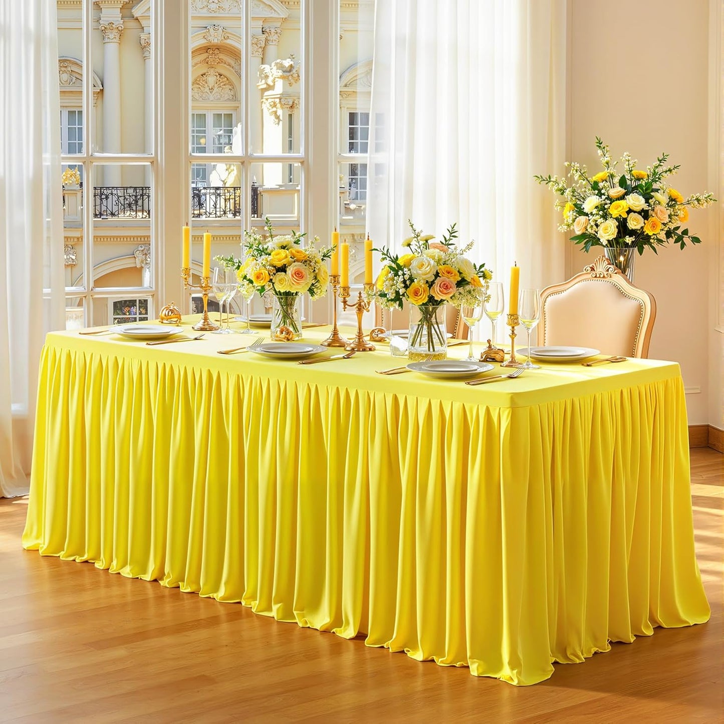 1 Pack Yellow Rectangle Table Clothes for 4 Foot Tables, Polyester Wrinkle Free Fitted Tablecloths 4ft Stretch Table Cover with Skirt for Wedding, Birthday, Parties, Trade Show, Craft Show