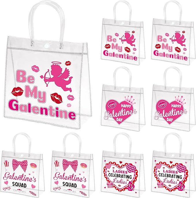 H1vojoxo Galentine's Day Gift Bags - 24PCS Galentine Clear PVC Gift Bags with Handle 7.9x3.2x7.9 Inches Reusable Galentine Goodie Tote Bag Be My Galentine Gift Wrap Bag for Valentine’s Day Party Favor