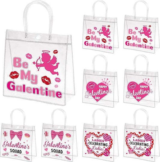 H1vojoxo Galentine's Day Gift Bags - 24PCS Galentine Clear PVC Gift Bags with Handle 7.9x3.2x7.9 Inches Reusable Galentine Goodie Tote Bag Be My Galentine Gift Wrap Bag for Valentine’s Day Party Favor