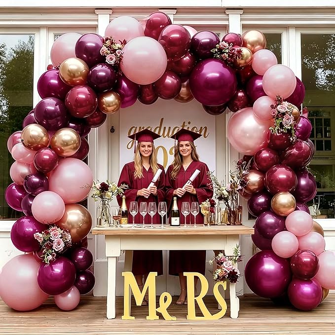 Burgundy Pink Balloon Arch Double Stuffed Dark Ruby Red Pink Plum Gold Balloon Garland Kit Maroon Balloons for Wedding Bridal Shower Birthday Mother's Day Graduation Engagement Anniversary Party Decor