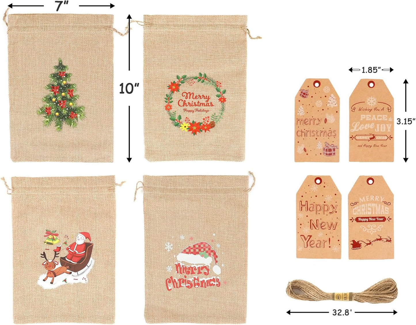 Tapleap Burlap Coth Christmas Bags with Drawstring, 7x10 Inches (Lot of 40) with Tags, String, for Wrapping Christmas Party Favors or Gifts for Coworkers, Classmates, and Friends
