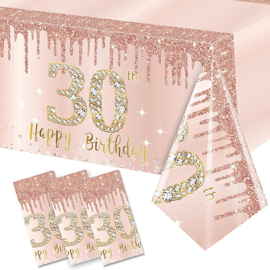 Excelloon 3 Pack Pink Rose Gold Happy 30 Birthday Table Cover Party Supplies, Thirty Year Old Plastic Disposable Rectangular Table Cloth Decor
