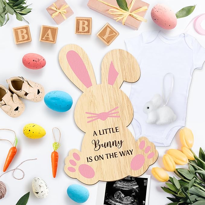 14Pcs Easter Pregnancy Announcement Set - Coming Soon Baby Announcement Props Ideas Include Easter Funny Bunny Shape Wooden Sign Wood Blocks Pregnancy Reveal Ideas for Grandparents Dad Husband Family