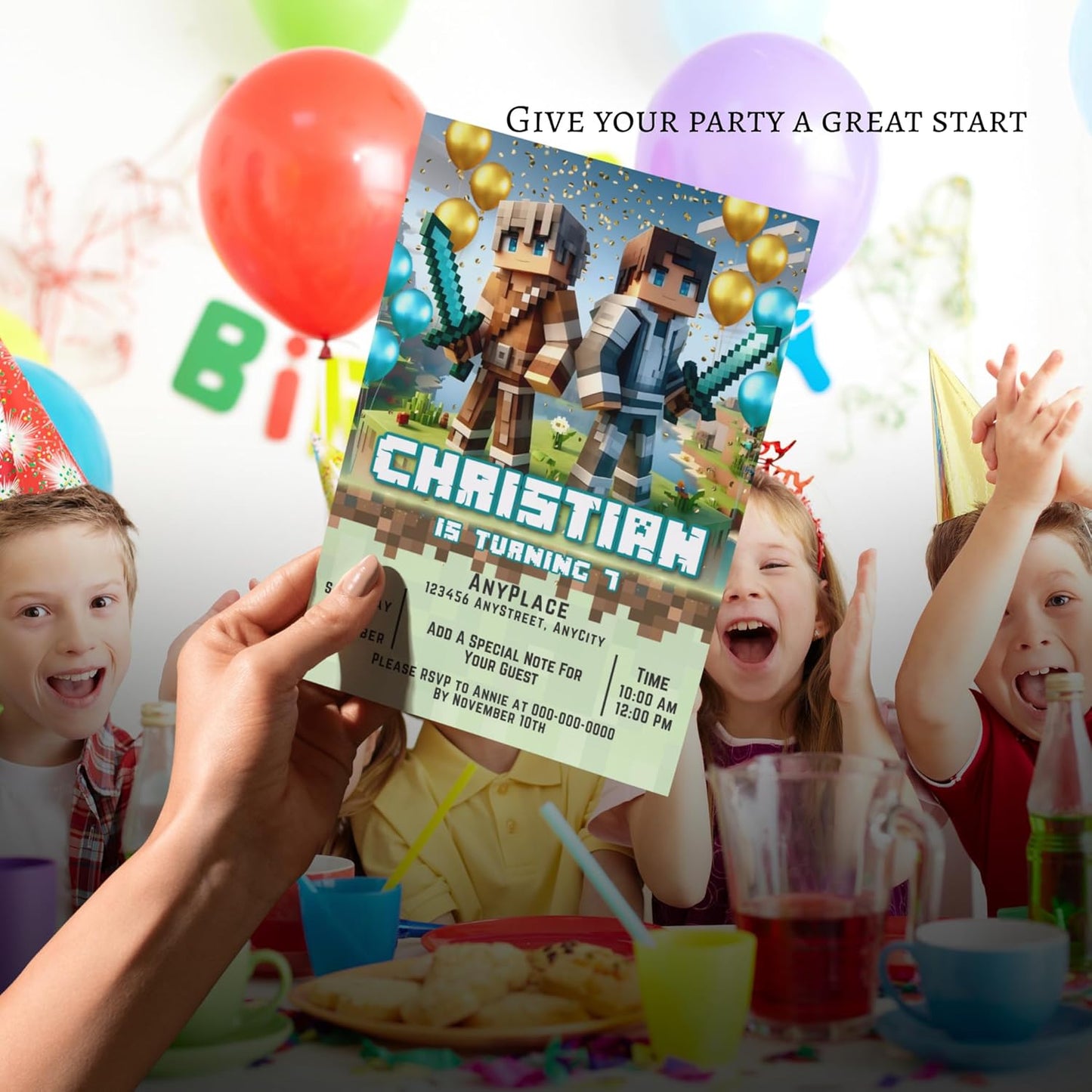 Fully Customizable minecraft Birthday Party Invitations, 4 x 6 inches, with Self-Sealing Envelopes, Gaming Theme Design, minecraft Birthday Invitations for Boys and Girls (Minecraft/Friend's)