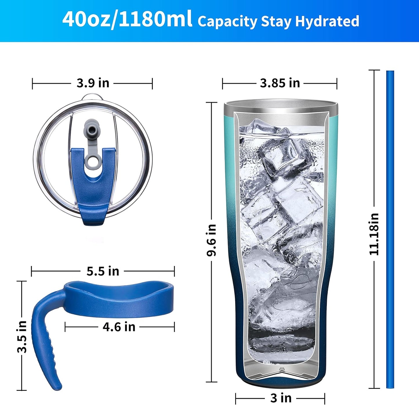 THILY Stainless Steel Vacuum Insulated Tumbler 40 oz Coffee Travel Mug with Handle and Lid, Reusable, Sweat Proof, Keep Drinks Cold for 34 Hours or Hot for 12 Hours, Green & Navy