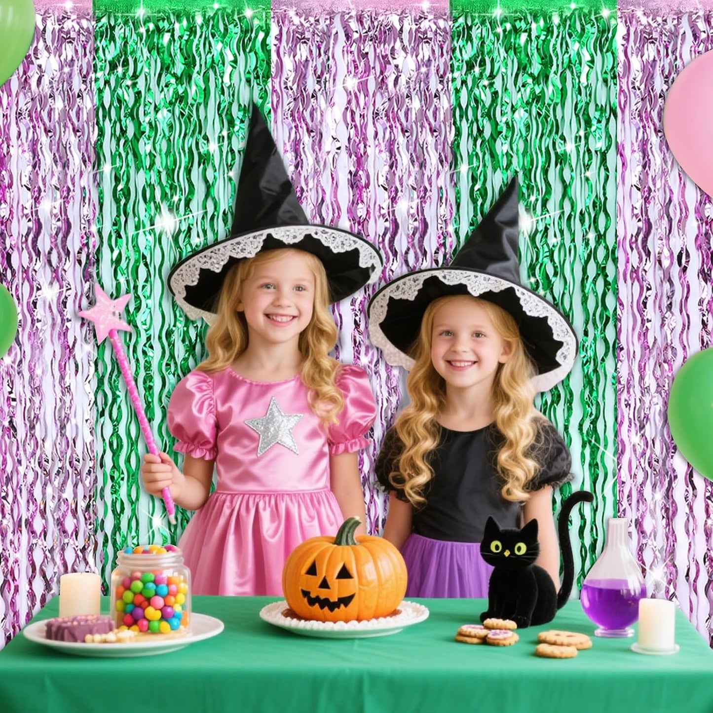 4 Pcs Green Pink Splicing Tinsel Backdrop, Tinsel Foil Fringe Curtains Wavy Backdrop for Parties,Shiny Streamers Party Decorations,Photo Booth Foil Curtain for Birthday Party Decorations,3.2ft × 6.6ft