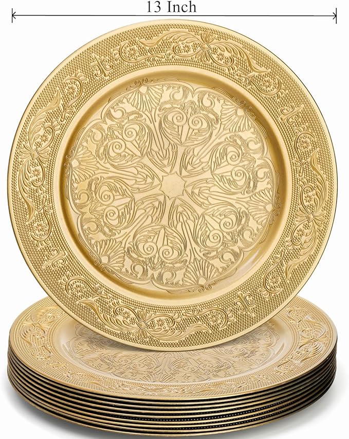 12 Pack Gold Charger Plates, 13 Inch Gold Round Chargers for Dinner Plates, Decorative Dinner Chargers, Antique Plastic Table Charger and Service Plates for Wedding Holiday Party