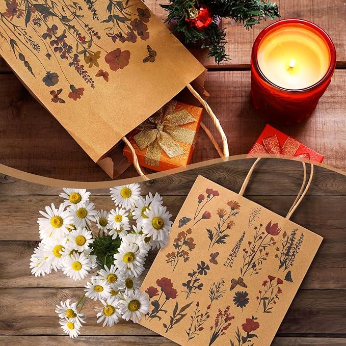 Kolldenn 24 Pcs Vintage Floral Wildflower Gift Bags Flower Kraft Paper Printed Candy Goodie Bags with Handles for Spring Party Supplies Wedding Baby Shower Birthday 8 x 3.9 x 9 in, 6 Styles