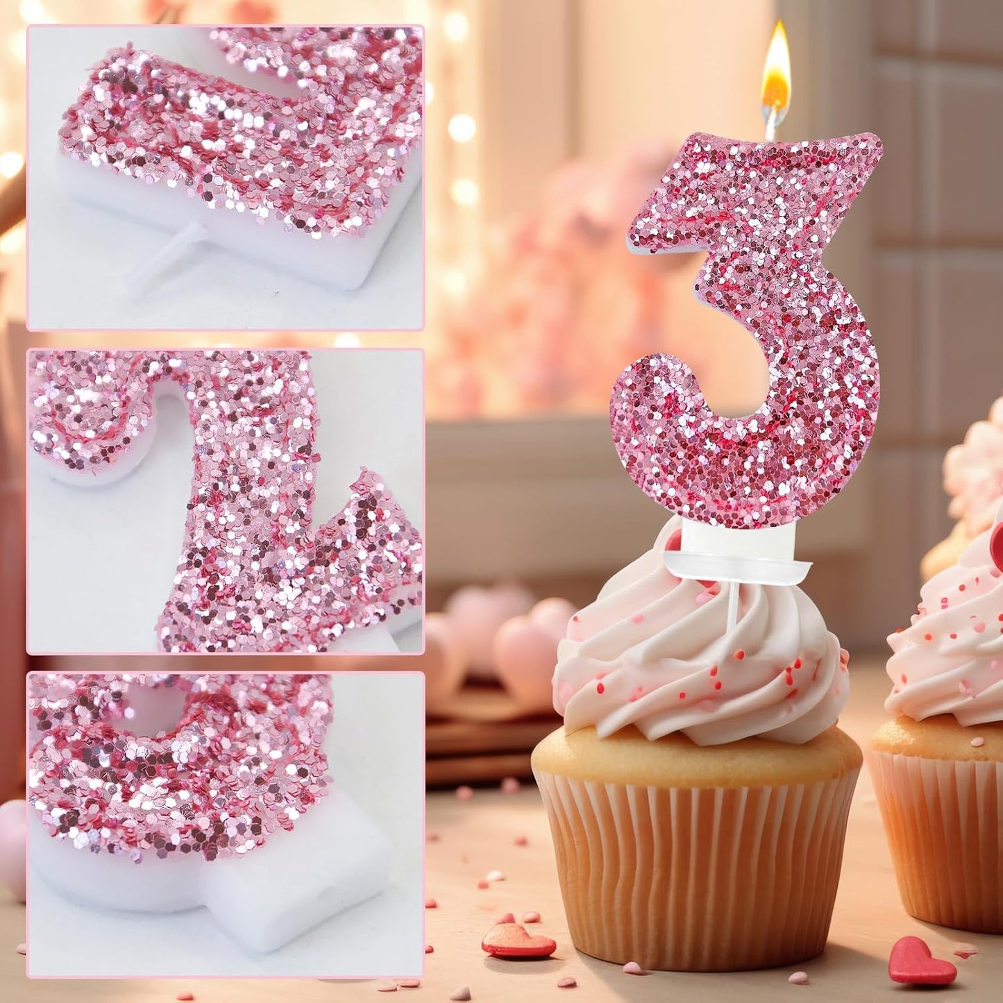 Birthday Number Candles, Glitter Number Candle Cake Decorations with Sequins, Cupcake Decorations for Girls, Women, Party Anniversary Celebrations (Number 3, Pink)