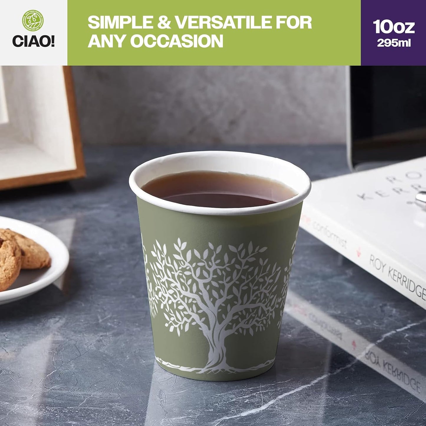 CIAO! 10oz Paper Hot Cup, Rooted Olive Print, (Case of 1,000)