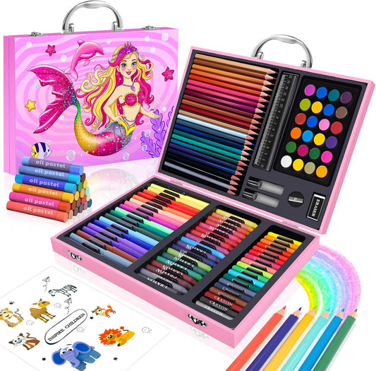 homicozy Art Supplies Kit for Kids Ages 4-12,Mermaid Art Case Coloring Set,Drawing Kits with Markers, Crayons, Colored Pencils,Oil Pastels,Coloring Book,School Supplies,Gift for Kids Artist Age 4+