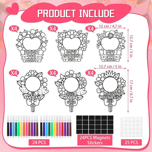 24 Set Mothers Day Crafts Picture Frame Fridge Magnet with Paint Pen Magnet, Mothers Day DIY Art Paper Flower Decorations Kit for Classroom Gifts School Craft Activities Home Party Favor Bulk Supplies