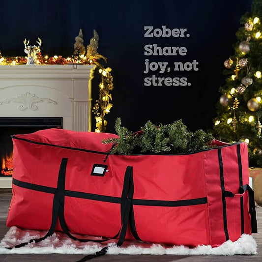 ZOBER Wide Christmas Tree Storage Bag - Maximum Accessibility - Fits 9 Ft Trees - 600D Oxford Fabric Christmas Tree Bag For Storage Box For Xmas - Strong, Durable Straps & Handles - Card Slot - Red