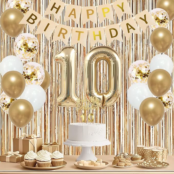Trgowaul 10th Birthday Decorations for Girls, Banner, Sash and Crown, Cake Topper, 10 Number Balloon, Fringe Curtains, Champagne Gold 10th Birthday Party Supplies