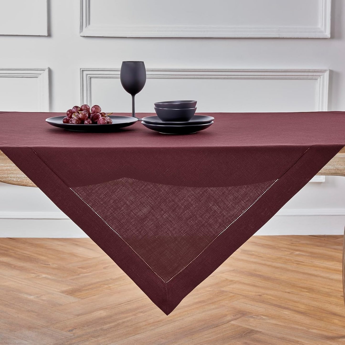 Solino Home Linen Square Tablecloth 52 x 52 Inch - 100% Pure Linen Burgundy Table Throw - Classic Hemstitch, Machine Washable Table Cloth for Fall, Autumn, Thanksgiving, Holiday