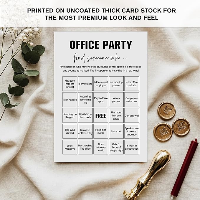 Sahjzk Office Bingo Cards, 25 Unique Randomized 5x7 Sheets, Get to Know You Bingo Game for Adults, Ice Breaker Office Party Games, Team Building Games for Work, High Replay Value - B005