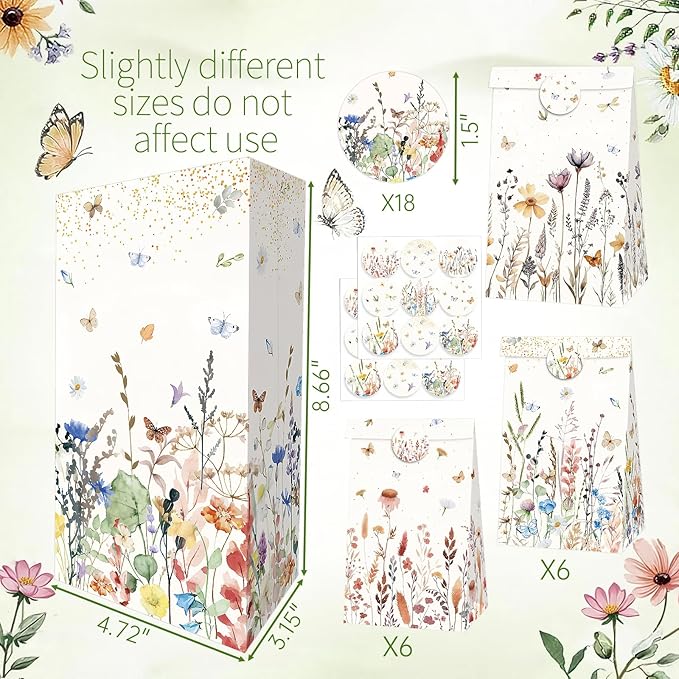 Inshinern Wildflower Party Favor Gift Bags Small Spring Floral Party Bags with Sticker Boho Theme Candy Goodie Bag for One Birthday Baby Shower Woodland Picnic Garden Tea Party Supplies (12Pcs)