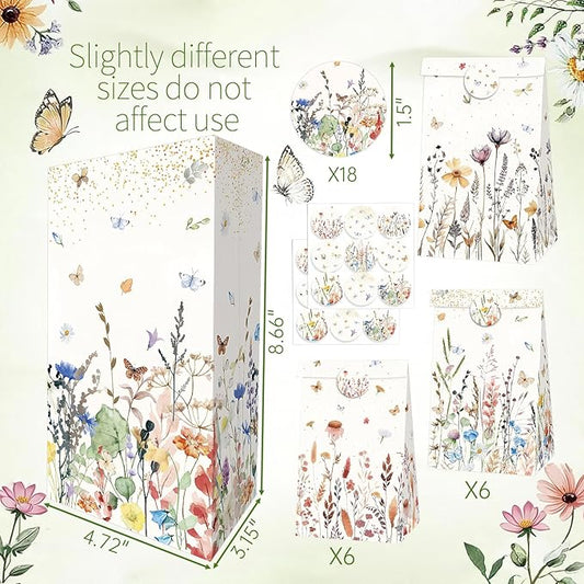 Inshinern Wildflower Party Favor Gift Bags Small Spring Floral Party Bags with Sticker Boho Theme Candy Goodie Bag for One Birthday Baby Shower Woodland Picnic Garden Tea Party Supplies (12Pcs)