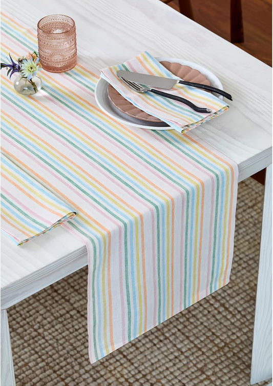 Solino Home Linen Table Runner 90 Inches Long - Julia, 100% Pure Linen Multicolor Muted Pastel Stripe Table Runner 14 x 90 Inch for Dining