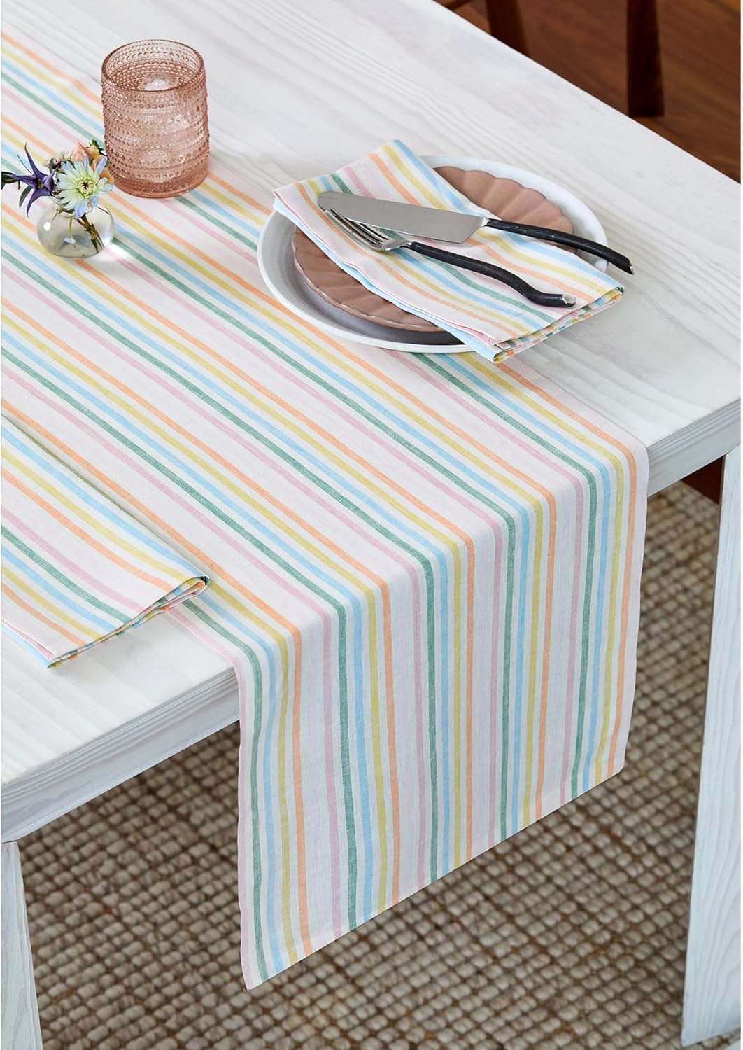 Solino Home Striped Linen Table Runner 60 Inches - Julia, 100% Pure Linen Multicolor Muted Pastel Stripe Small Table Runner 14 x 60 Inch Ideal for Dresser and Coffee Tables