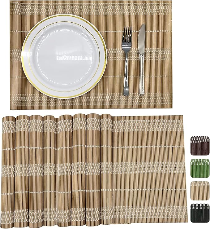 ANDSTAR Bamboo Placemats Set of 8, 17.7x11.8 Inch Brown with White Thread - Non-Slip & Heat Resistant, Easy Clean Woven Table Mats for Dining Room, Kitchen or Home Decor