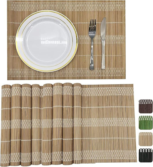 ANDSTAR Bamboo Placemats Set of 8, 17.7x11.8 Inch Brown with White Thread - Non-Slip & Heat Resistant, Easy Clean Woven Table Mats for Dining Room, Kitchen or Home Decor