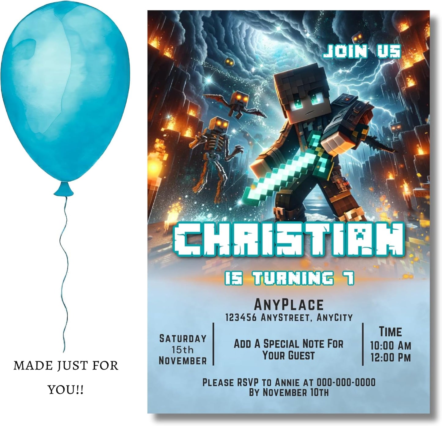 Fully Customizable minecraft Birthday Party Invitations, 4 x 6 inches, with Self-Sealing Envelopes, Gaming Theme Design, minecraft Birthday Invitations for Boys and Girls (Minecraft/Fire)