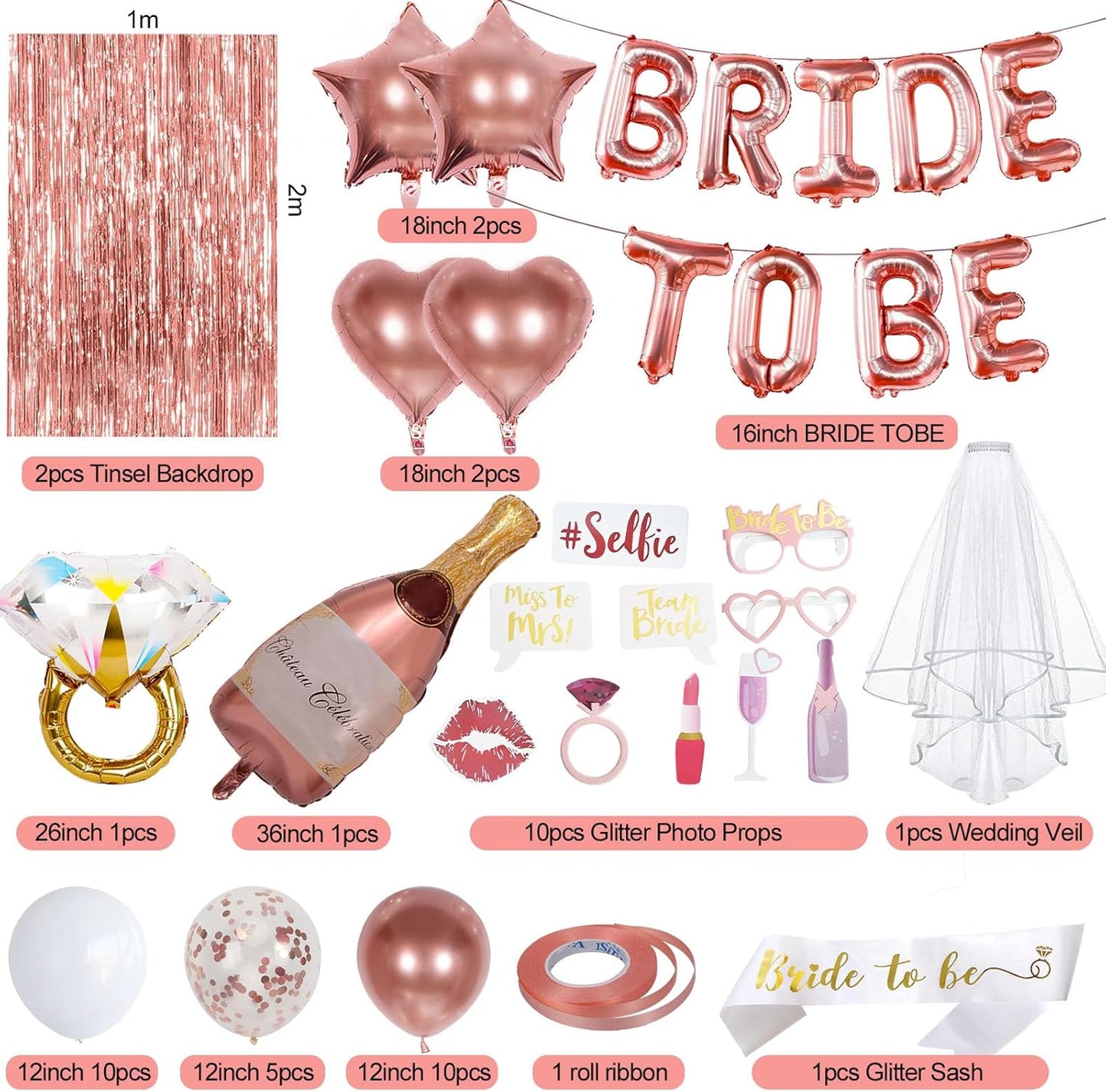 Bachelorette Party Decorations, Rose Gold Bride To Be Decorations with Bride Balloons, Sash, Veil, Tinsel Backdrop for Bridal Shower Decor