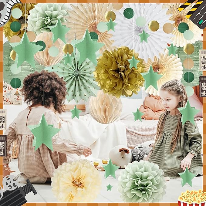 70 Pcs Star Centerpieces for Table Green Birthday Party Decorations 3D Green Party Graduation Poms Decoration Stars Table Decor Boho Decoration for Women Girls