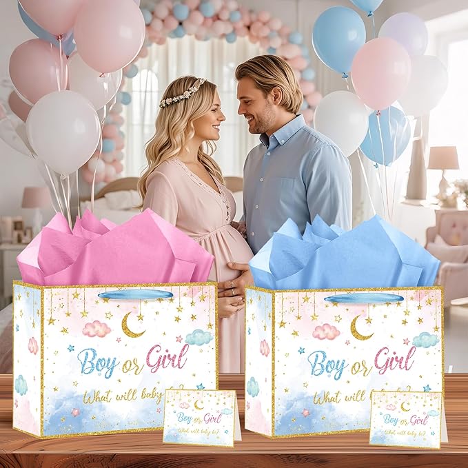 Gender Reveal Gift Bag Blue Pink Boy or Girl Paper Bag with Wrapping Paper Card What Will Baby Be Party Decoration Twinkle Treat Candy Bag for Baby Shower Gender Reveal Birthday Party Supplies