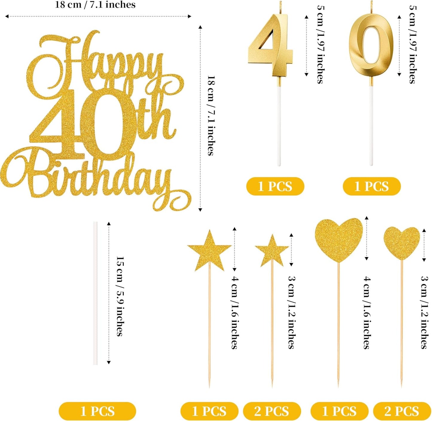 40th Birthday Cake Decorations, 40th Birthday Candles Cake Numeral Candles and Glitter Happy 40th Birthday Cake Toppers Set for Birthday Party Supplies (Gold)
