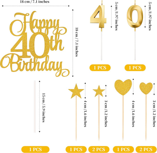 40th Birthday Cake Decorations, 40th Birthday Candles Cake Numeral Candles and Glitter Happy 40th Birthday Cake Toppers Set for Birthday Party Supplies (Gold)