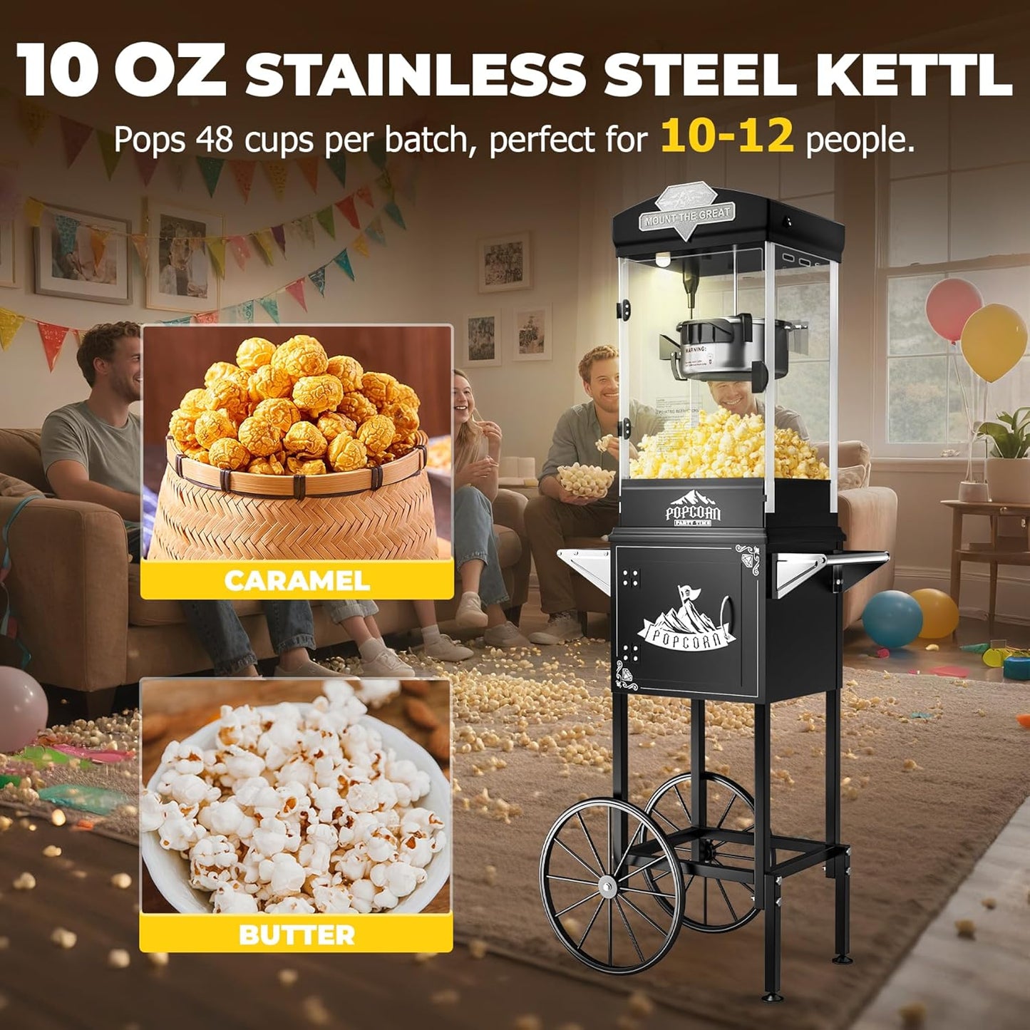 Popcorn Machine Cart with Wheel, 10 oz Popcorn Maker Machine with Stainless-Steel Kettle Makes Up to 40 Cups, Vintage Movie Theater Style Pop Corn Machine, Black