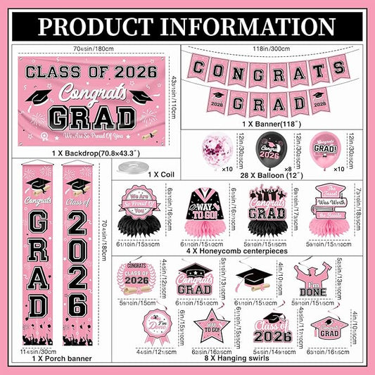 Graduation Decorations Class of 2026 Pink Graduation Party Decor Set include Congrats Grad Banner Backdrop Class of 2026 Balloons Party Supplies