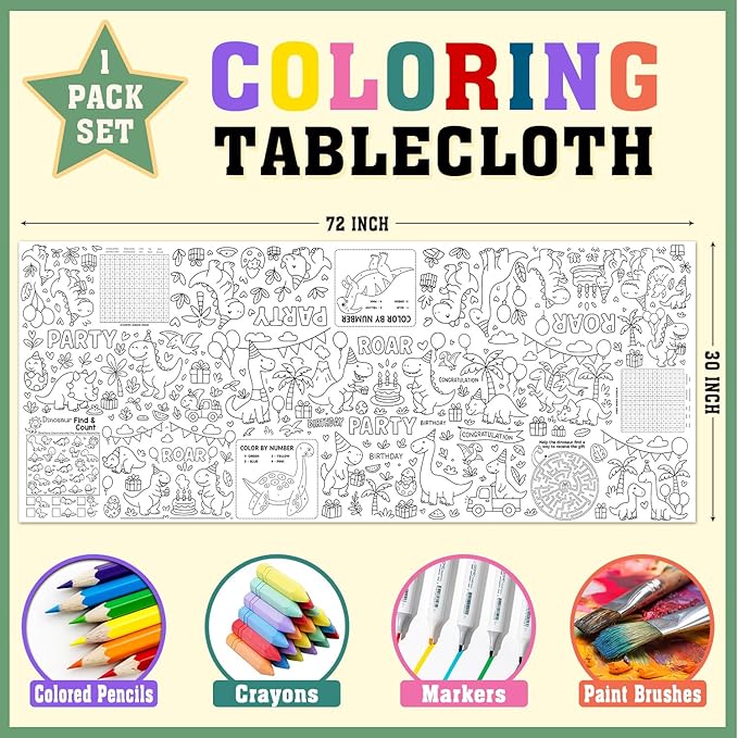 Dinosaur Coloring Tablecloth, Dinosaur Large Coloring Poster Tablecloth 30x72 Inch, Dino Party Themed Color-in Activities Games, Birthday Party Games for School Classroom Home Party
