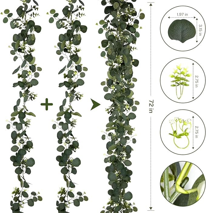 Eucalyptus Garland, 4Pcs 6FT Green Flower Garland Decor, Spring Summer Artificial Faux Eucalyptus Leaves Greenery Vines for Table Runner Wedding Arches Mantle Centerpieces Backdrop Decorations