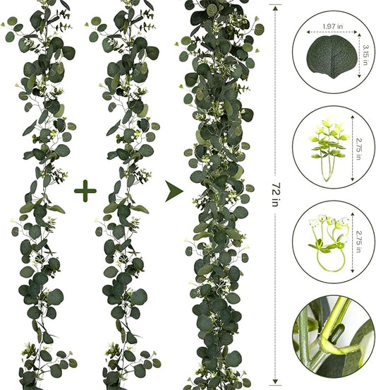 Eucalyptus Garland, 4Pcs 6FT Green Flower Garland Decor, Spring Summer Artificial Faux Eucalyptus Leaves Greenery Vines for Table Runner Wedding Arches Mantle Centerpieces Backdrop Decorations