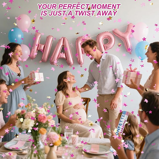 4 Pack Gender Reveal Confetti Cannon, 12 in Pink Star Shaped Paper Party Poppers Cannons, Confetti Poppers For Baby Boy Girl Gender Reveal Baby Showers (Star, Pink)