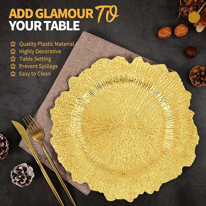 Teruntrue 50 Pcs Gold Charger Plates Bulk 13 Inch Plastic Charger Plates for Dinner Plate, Gold Chargers for Table Setting, Reef Design Plate Floral Decorative Round Chargers for Wedding Party, Event